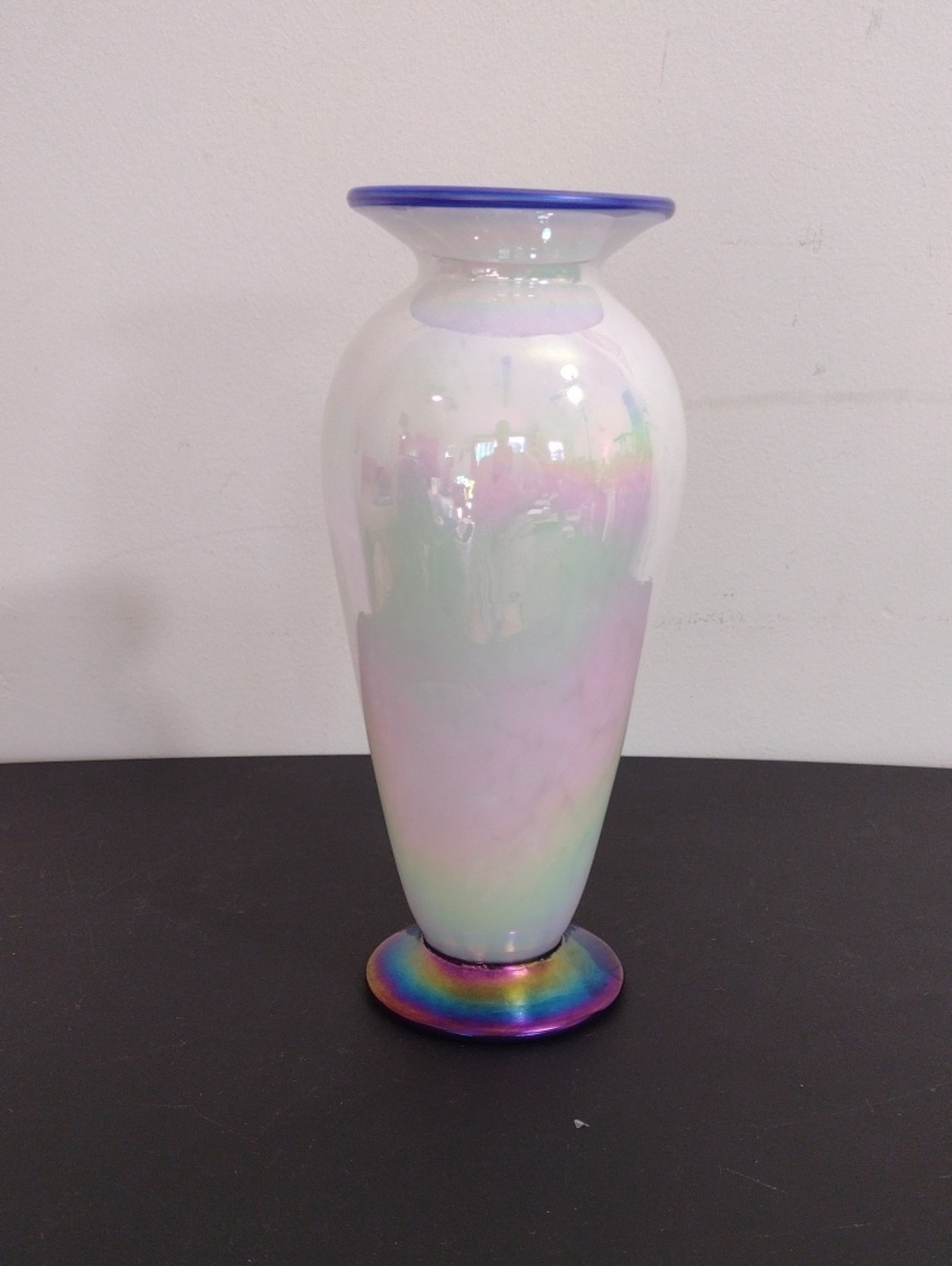 Iridescent Pastel Art Glass Vase with Blue Rim